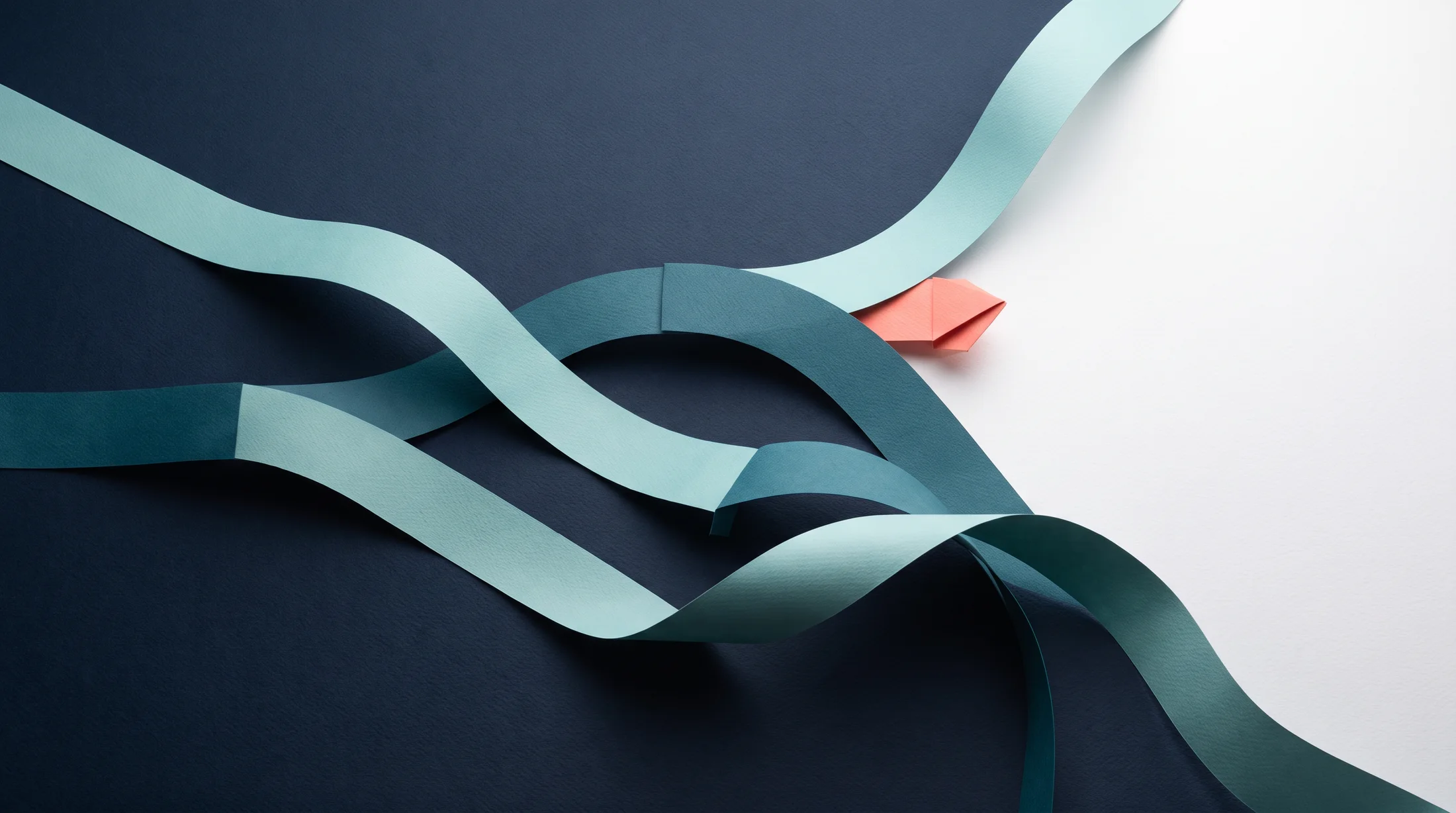 Abstract aqua pathways moving through a midnight navy field toward a coral decision point